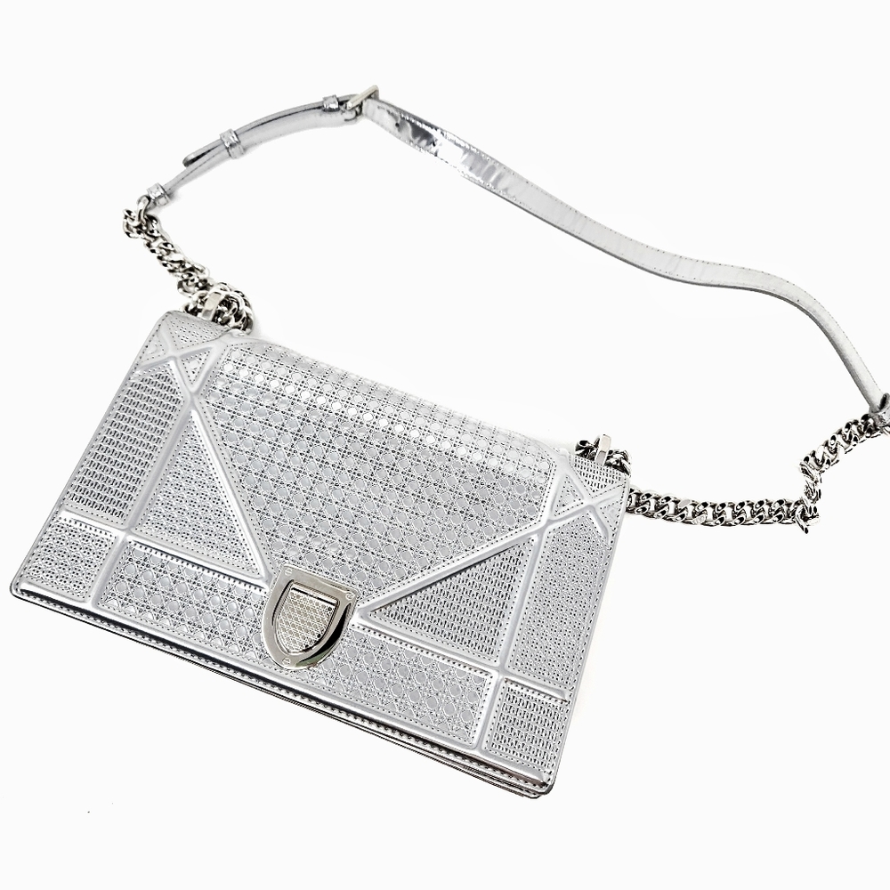 Authentic Designer Dior Diorama Metallic Microcannage Bag Medium Silver